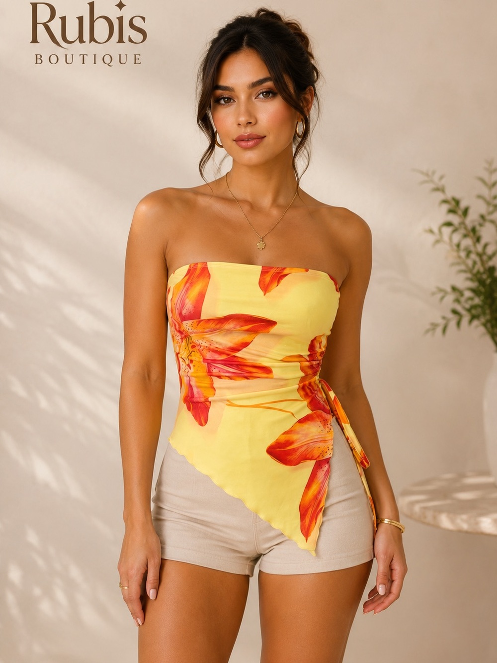 Rubis Boutique Yellow Floral Strapless Handkerchief Top